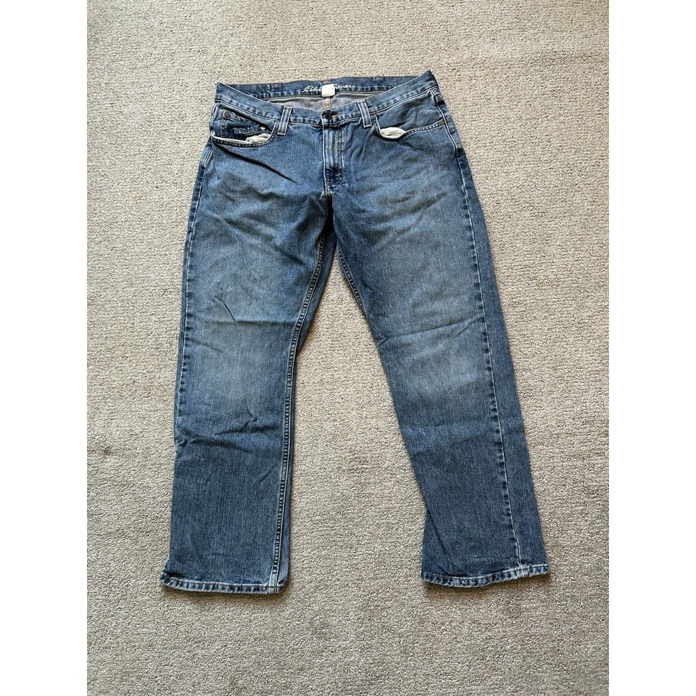 Eddie Bauer Jeans Mens 36X30 Blue Straight Specially Dyed Denim Whisker Outdoor